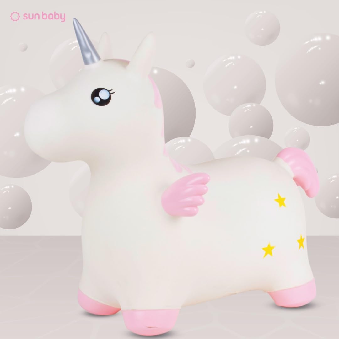 SUN BABY Saltador Hinchable para Niños hasta 45 Kg sin BPA, de 1 año, Pelotas saltarinas para niños (Unicornio Blanco con alas)