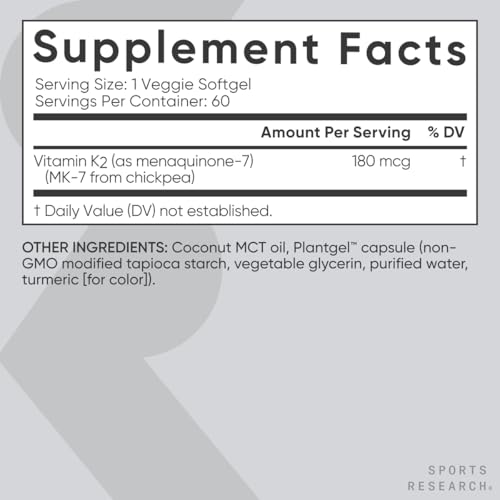 Image of Sports Research Vitamin K2 MK7 180mcg with Coconut Oil - 60 Veggie Softgels - Vegan Certified, Non-GMO Verified & Gluten-Free