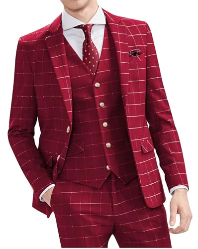 Plaid Suit Men Slim Fit -Plaid Tuxedo Suit 3 Piece Jacket Pants Vest Set Mens-Gold Business Regular Fit Suits - Main Image