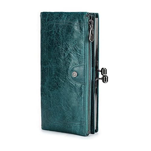 CONTACTS Full Grain Leather Kiss Lock Wallet for Women Vintage Kiss Clasp Wallet Coin Purse RFID Bifold Phone Wallet Card Holder (Peacock Blue)