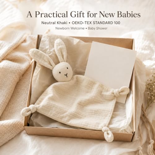 Image of ZIGJOY Muslin Bunny Lovey, Lightweight Cotton Security Blanket, Khaki | Soft, lightweight and easy for little hands to grasp, cuddle and carry at home or on the go.