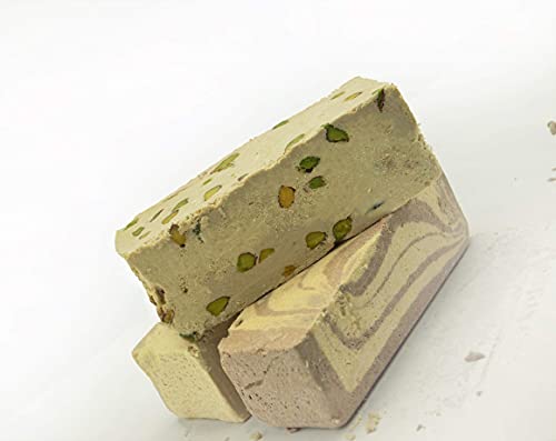 Mughe Gourmet Halvah Assorted (850G ℮ 1,88 Lbs) - Tahini Halva 3 Varieties: Antep Pistachio, Marble Chocolate & Plain - Flaky Turkish Halawa Vegan - Vegetarian Tahini #TOP6