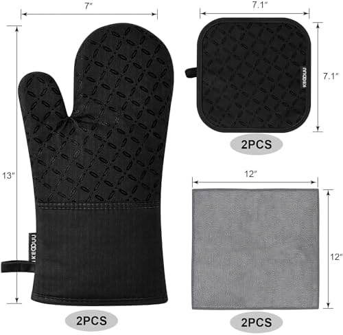 KEGOUU Oven Mitts and Pot Holders 6pcs Set, Kitchen Oven Glove High Heat Resistant 500 Degree Extra Long Oven Mitts and Potholder with Non-Slip Silicone Surface for Cooking (Black)
