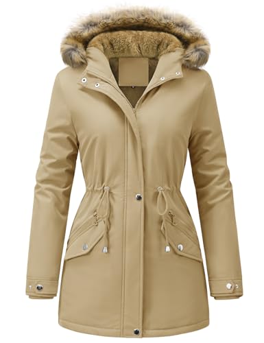 Vijamiy Winterparka Damen Warm Gefüttert Fleece Winterjacke Wasserdicht Wintermantel Winddicht Kapuzenmantel Mit Fell Lange parka(Khaki,S)
