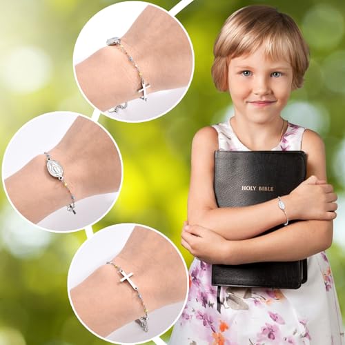 Image of Cross Beaded Bracelet for Girls - First Communion Gifts Catholic Religious Christian Jewelry 1st Holy Communion Decorations for Goddaughter