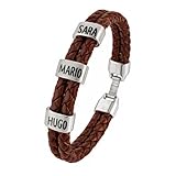 Pulsera con Nombres Personalizada. Piezas Baño Plata y Cuero Auténtico Español. Tallas a Personalizar. Colores. Pulsera Hombre con Nombres. Estuche Incluido. Modelo (Trenzado Doble Marrón)