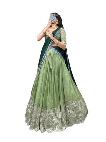 Image of Suppar Sleave Women's Embroidered Vichitra Silk Lehenga Choli Dupatta Set Semi-Stitched Blouse and Fit & Flare Style