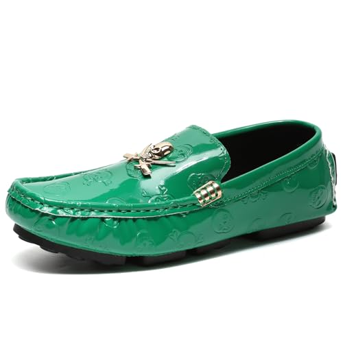 Men's Penny Loafers Patent Leather Skull Pattern Loafers Slip-On Driving Moccasins with Gold Skull Buckle Accent Boat Casual Dress Shoes