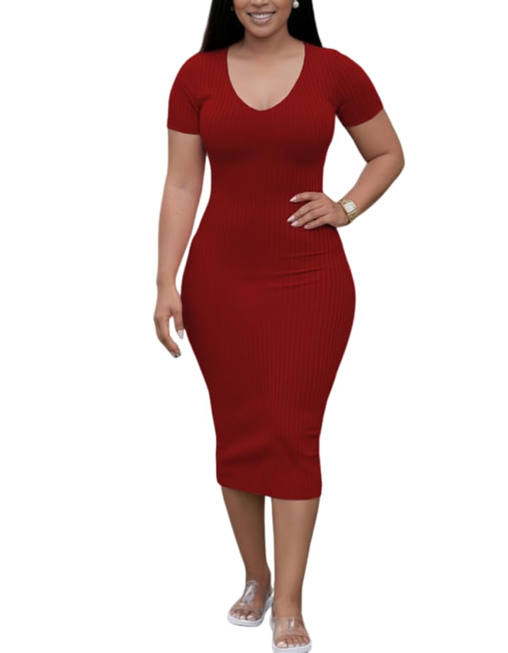 Image of TOPSRANI Women Sexy Midi Dress Bodycon Casual Sleeveless Basic Ruched Tank Summer Club Party Dresses