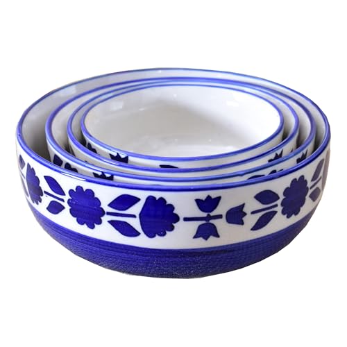 Image of Ceramic Mixing Bowl Set 4 Pieces 1500ml 800ml 600ml 400ml Blue Flower Durable Microwave Safe Dishwasher Safe Mixing Serving Storage