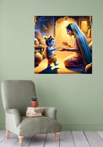 Image of Techgifti Baby Krishna And yashoda Maa Hand Wall Poster for Pooja Room, Office, Kids Room (Size- 46CM X 46CM)