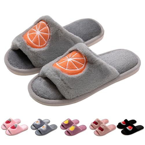 Slippers For Women Indoor,Women's Plush Faux Fur Fuzzy Slide on Open Toe Slipper with Memory Foam Embroidered Strawberry Watermelon Ladies Home Cute Shoes