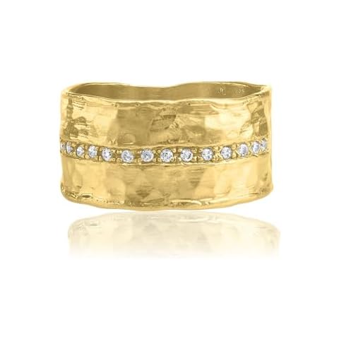 14K Gold Over Sterling Silver Statement Rings With 0.13 TCW Half Eternity Cubic Zirconia, Hammered Wide Band, Gold Rings, Gifts For Women, Aesthetic Jewelry, Rings For Women, Jewelry For Women Size 11 Cover