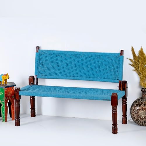 Image of Srima Wooden Bench for Living Room | Handcrafted Sheesham Wood Backrest Bench for Balcony & Garden | Traditional Rajasthani Patio for Outdoor with Cotton Handwoven Rope | Blue