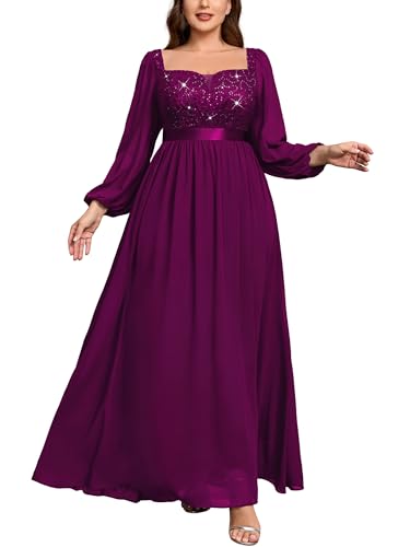 Image of MISSMAY Women's Plus Size Sequin Lace Square V Neck Sheer Long Sleeves Formal Evening Chiffon Long Dress