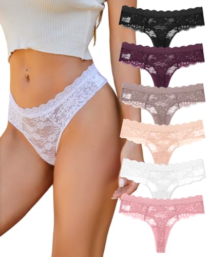 ALL OF SHE Strings Tanga Dentelle Femmes sous-vêtements Sexy Lace Lot de 6 Thongs Femmes Multipack S-XL,M