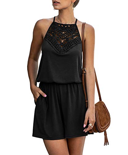 KIRUNDO Summer Women’s Lace Patchwork Romper Halter Neck Short Solid Overall Sleeveless High Waist Jumpsuit with Pockets (Small, Black)