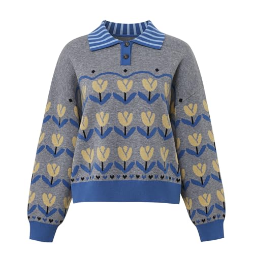 Image of Womens Laple V Neck Button Up Floral Design Pullover Sweaters Fall Casual Long Sleeve Knit Sweater Jumper Tops