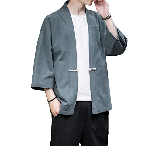 Image of Mens Kimono Cardigan Cotton Linen Japanese Shirt 3 /4 Sleeve Haori Yukata | Skin-Friendly Solid Color Lightweight Shawl Collar Kimono Robe Embroidery Button Tie Pockets Happi Coat All Season Daily Wear