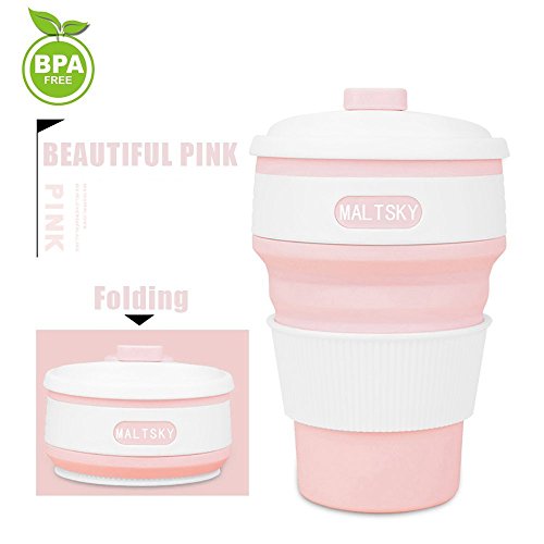Taza Plegable,Maltsky Taza de Café Plegable,Taza de Silicona Plegable,Taza de Viaje Plegable 12oz/350ml,para Familia,Camping,Senderismo (Rosa)