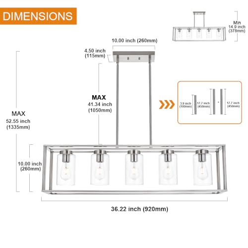 Image of Contemporary Chandeliers Brushed Nickel 5 Light Modern Dining Room Lighting Fixtures Hanging, Kitchen Island Linear Pendant Lights Farmhouse Flush Mount Ceiling Light with Glass Shade