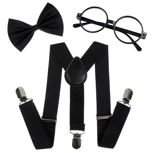 Tatibana Child Kids Suspenders Bowtie Set with Black Glasses - Adjustable Suspender Set for Boys and Girls