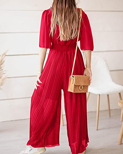 Btfbm Women Chiffon Wrap V Neck Summer Jumpsuit Spring Mesh Half Sleeve Elastic Waist Pleated Wide Leg Long Pants Romper(Solid Red, Small) #TOP3