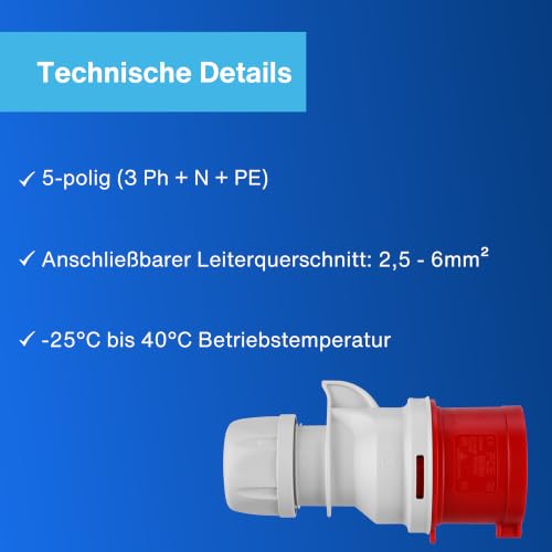 REV CEE-Stecker, 400V, 32A, 5-polig, 3Ph+N+PE, wasserdicht IP44, rot – Ansicht 3
