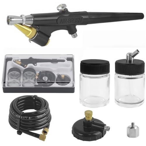Airbrush Pistole Set, Sprühpistole Druckluft, Mini Lackierpistole mit Luftansaugadapter und Luftdruckschalter, Ideal für Modellbau, Make-Up und Autolackierung, mit Externem Misch-Siphon-Feed