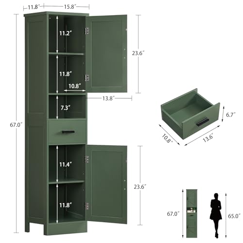 Image of TEENFON 67 inch H Tall Bathroom Storage Cabinet with Barn Doors and Drawer, Narrow Bathroom Cabinet, Narrow Storage Unit, Adjustable Shelves, Floor Cabinets for Living Room, Forest Green