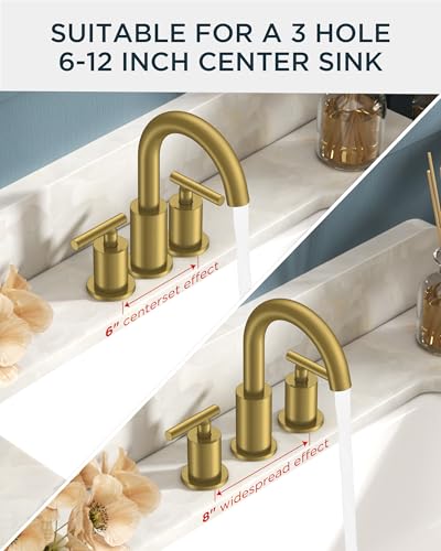 Image of FORIOUS Brushed Gold Bathroom Faucet 3 Hole, 2 Handle 8 Inch Widespread Gold Sink Faucet Bathroom Vanity with 360 Degree Swivel Spout, with Pop Up Drain and cUPC Supply Line, for 6 to 12 in Sink