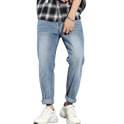 JEsilunmaMY Men's Straight Leg Jeans Casual Rolled Hem Denim Pants with Pockets Slim Fit Distressed Washed Loose Trousers (Light Blue,28)