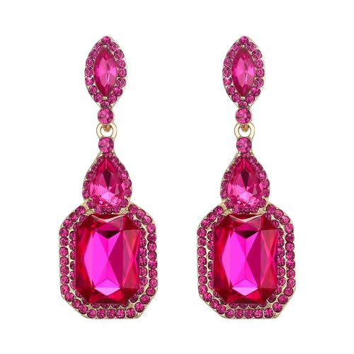 BriLove Wedding Bridal Dangle Earrings for Women Emerald Cut Crystal Infinity Figure 8 Chandelier Jewelry Hot Pink Gold-Tone