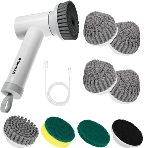 SYNOSHI | Electric Spin Scrubber with 3 Replaceable Cleaning Head + 4 Units of Cone Brush Heads, Power Cleaning Brush, Cordless Waterproof Scrubber with Dual Speed…