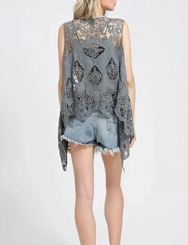 Image of Women's Floral Crochet Vest Hollow Out Open Front Vintage Boho Lace Button Sleeveless Crochet Cardigan