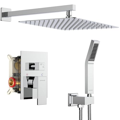SR SUN RISE SRSH-D1203 12 Inches Bathroom Luxury Rain Mixer Shower Combo Set Wall Mounted Rainfall Shower Head System Polished Chrome Shower Faucet Rough-in Valve Body and Trim Included