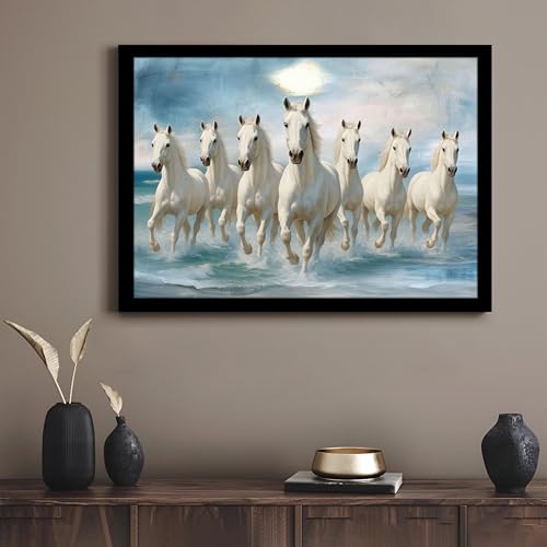 Image of PAINTINGMANTRA 7 White Running Horses Vastu Framed Wall Art Painting for Living Room| Seven Horse Poster with frame for Wall, Decoration item for bedroom, 13x17.5 Inch