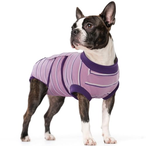Image of Kuoser Dog Surgery Recovery Suit, Soft Breathable Dog Recovery Suit for Female Spay Male Nueuter, Anti Licking Puppy Onesie Pet Surgical Suit for Dogs Abdominal Wounds Skin Disease, Purple Strips S