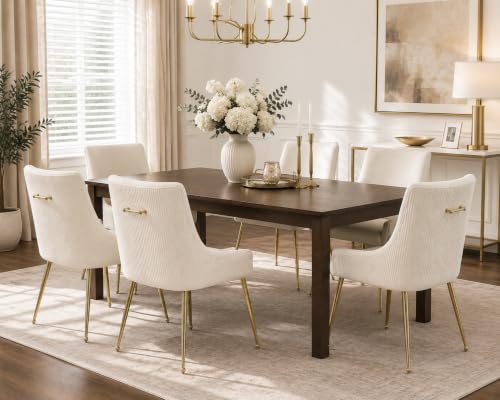 WUTUTUEE Velvet Dining Chairs Set of 6 Gold Legs,Upholstered Velvet Accent Chairs, Pleated Back Design & Gold Pull Handle, Mid Century Modern Chairs for Dining-Kitchen-Living Room,Beige