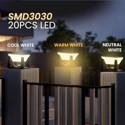Image of hardoll Solar Gate & Garden Outdoor Lights for Home 3000mAh Battery, Mono Solar Panel, IP54 Waterproof, 20 LEDs, 3 Color Modes (Warm /Cool /Neutral), Dusk-to-Dawn 10-12h Pillar Lamps (Pack of 2)