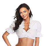 BOFUNX Damen Dirndlbluse Sexy Weiß Dirndl Bluse Trachtenbluse aus Baumwolle Kurzarm mit Verstellbarer Ausschnitttiefe für Oktoberfest Weiß 38