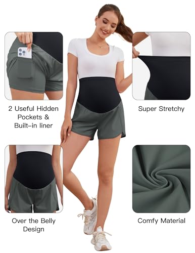 Image of PACBREEZE Women's Maternity Shorts Over Belly Quick Dry Workout Athletic Running Shorts with Zipper Pockets