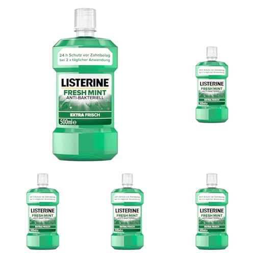 LISTERINE Fresh Mint (500 ml), antibakterielle Mundspülung mit ätherischen Ölen & Minzgeschmack, Mundwasser bietet 24h Schutz vor Zahnbelag, perfekte Ergänzung zur täglichen Zahnpflege (Packung mit 5)