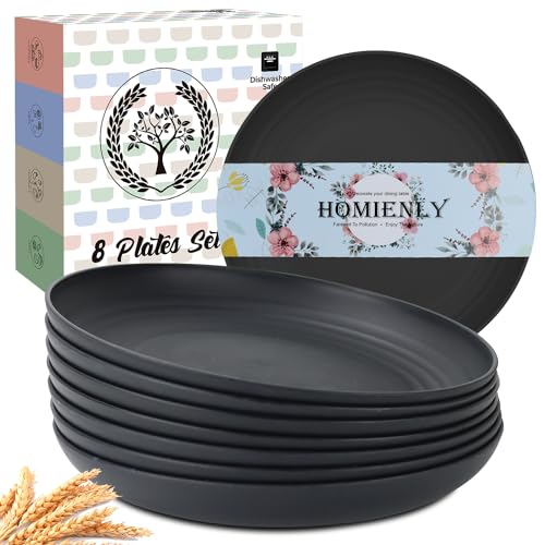 Image of Homienly Dinner Plates Set of 8 Alternative for Plastic Plates Microwave and Dishwasher Safe Wheat Straw Plates for Kitchen Unbreakable Plate Set (Black, 10 inch)
