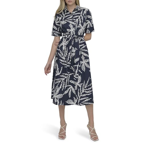 Image of DKNY Women's Short Sleeve Cotton Poplin Collared Midi Shirtdress