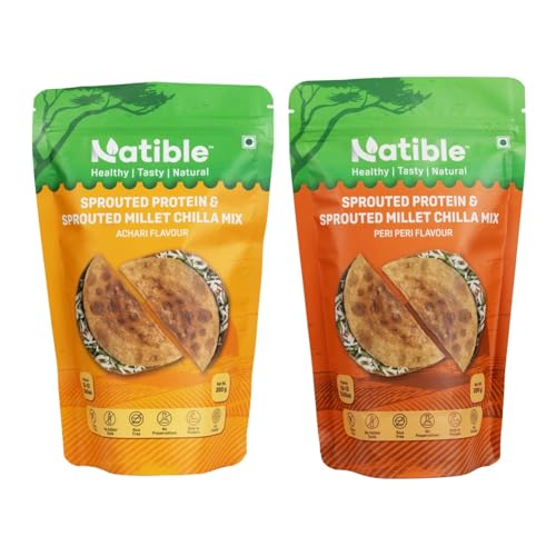 Natible Sprouted Protein & Sprouted Millet Chilla Dosa Mix (Achari & Peri-Peri Flavour) Instant Breakfast Meal I Gluten Free I Rice free I High Protein I Suitable for Kids & Adults I Travel Friendly (Pack of 2, 400g)