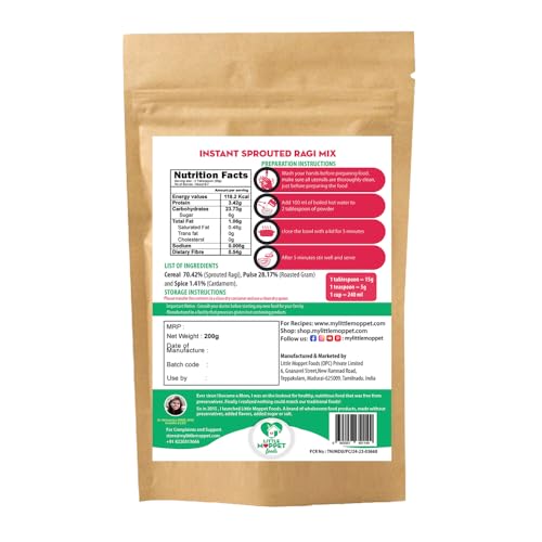 Image of Little Moppet Foods - Instant Sprouted Ragi Mix 200g | No Additives and Preservatives | Free from Added Salt and Sugar | Mixture of Sprouted Ragi and Roasted Gram