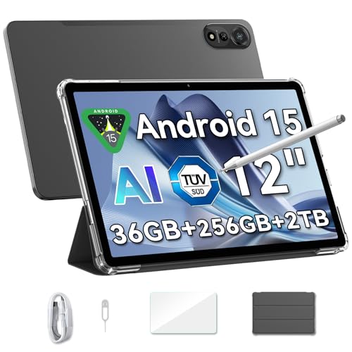 Blackview Mega2 Tablet 12 Zoll, 36GB RAM+256GB ROM(2TB TF) AI Tablet Android 15 2K FHD Großes Display WideVine L1, Dual 4G LTE+5G WiFi, Octa Core T615, Großer Akku, 13MP+8MP Kamera