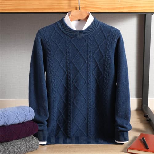 Men 100% Solid Wool Cold Blouse Breathable Sweater Round Neck Plaid Pullover2