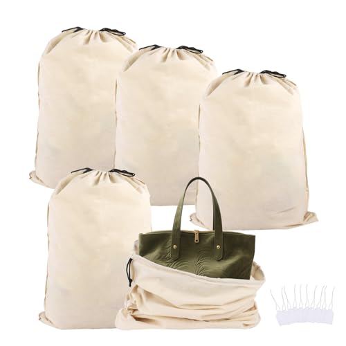 Klmnop 5 Pack Organic Cotton Breathable Dust Storage Bags for Handbags, Large Purse Storage Pouch with Blank Hang Tags, Expensive Handbags & Shoes Organizer For Closet, Travel(26 × 20 Inch, Beige)